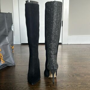 Knee high black suede boots. crystal heel and back. Pointed toe.zipper on inner